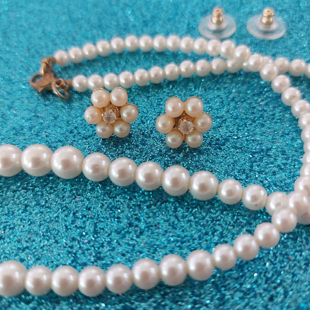 Faux Pearl Set, Necklace, and Floral Style Pierced Post Earrings